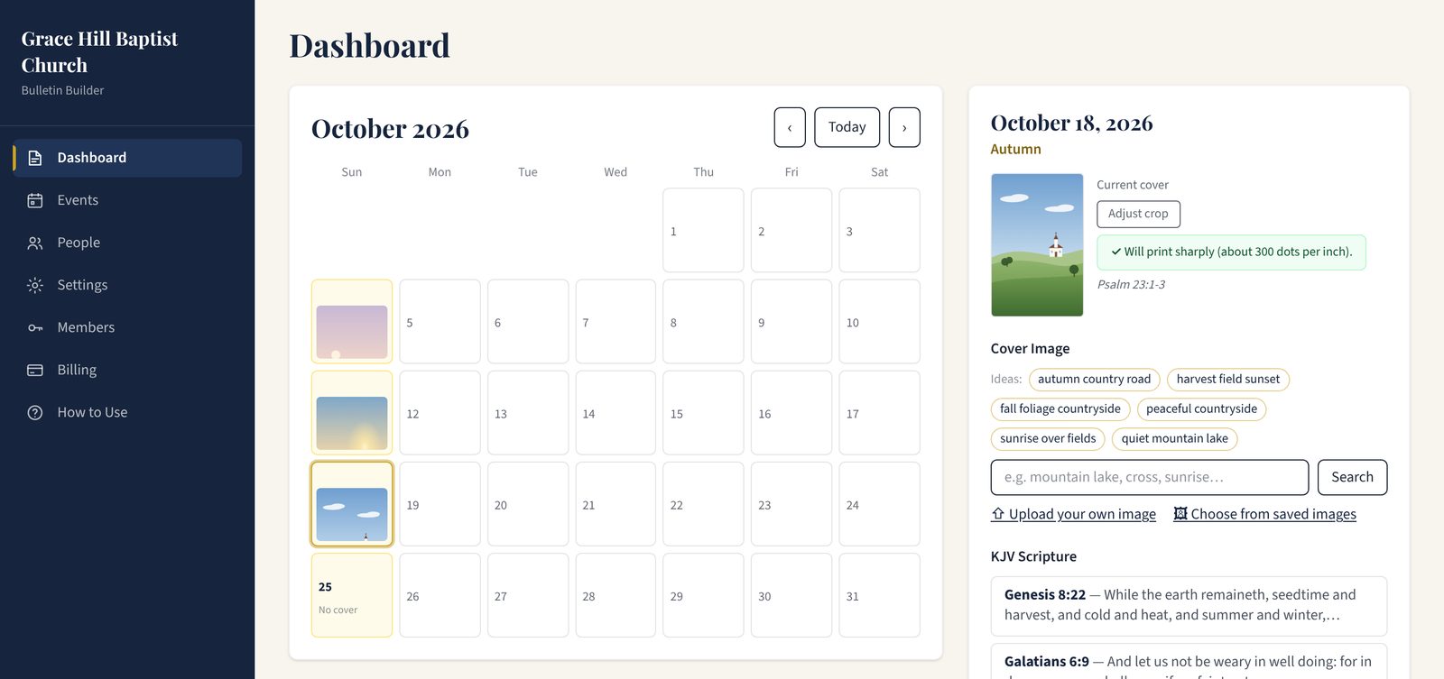 The dashboard: a month calendar with each Sunday's cover picture, and this Sunday's cover and King James verse beside it