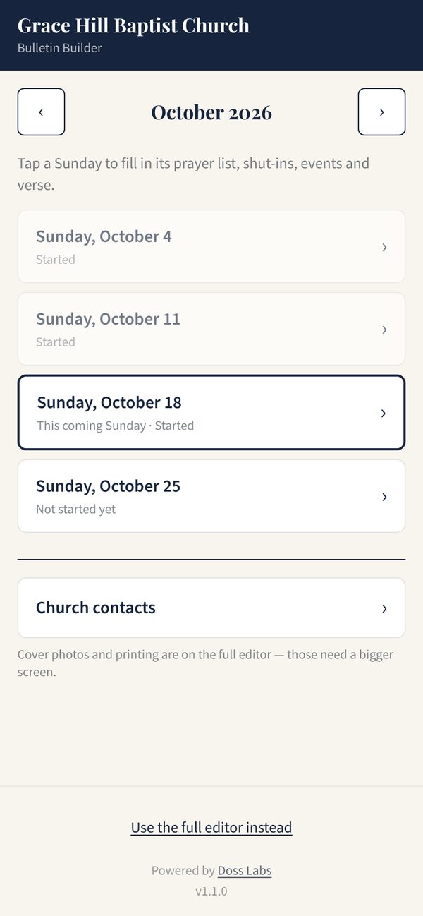 The phone screen listing this month's Sundays