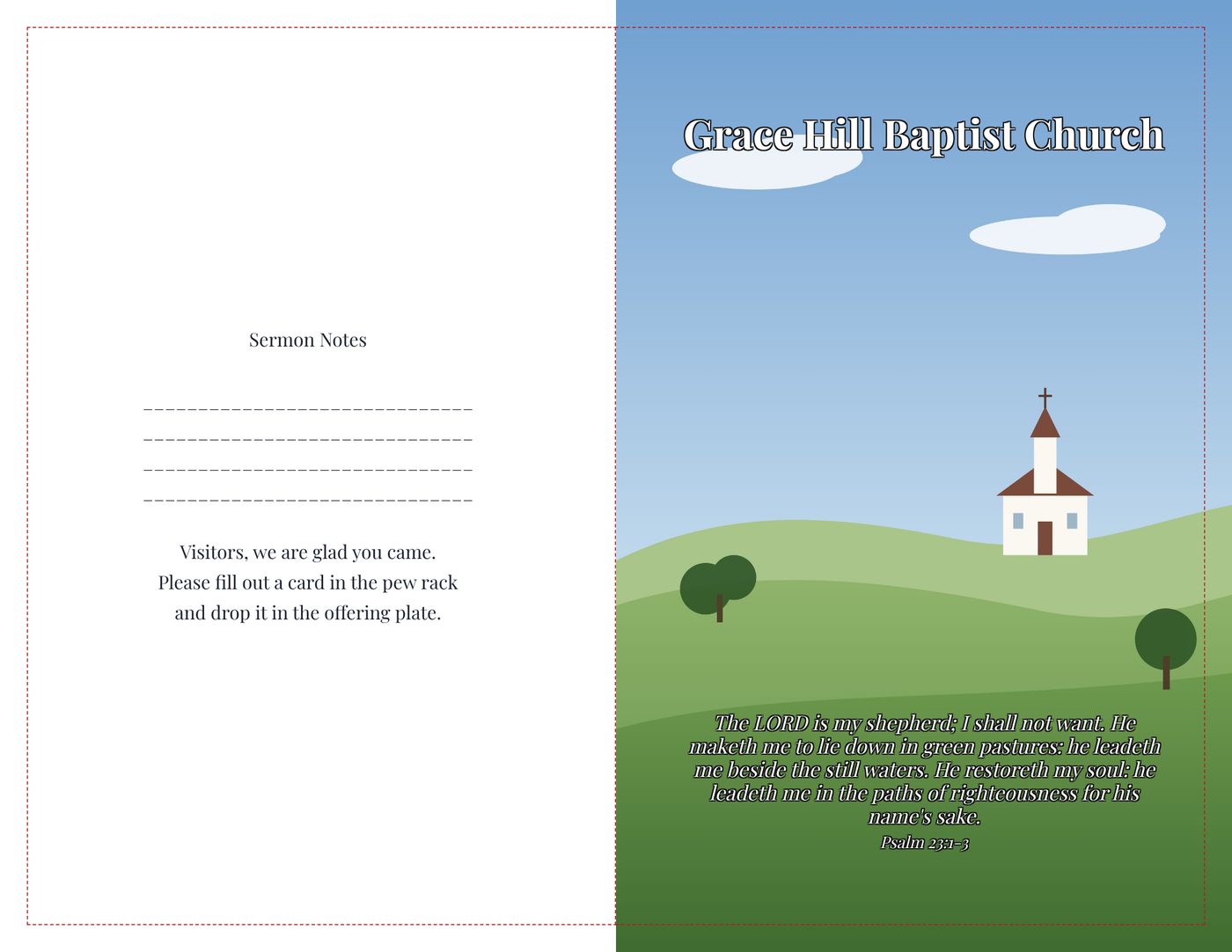 The outside of a printed bulletin: a back page with sermon notes, and a front cover with the church's name and Psalm 23